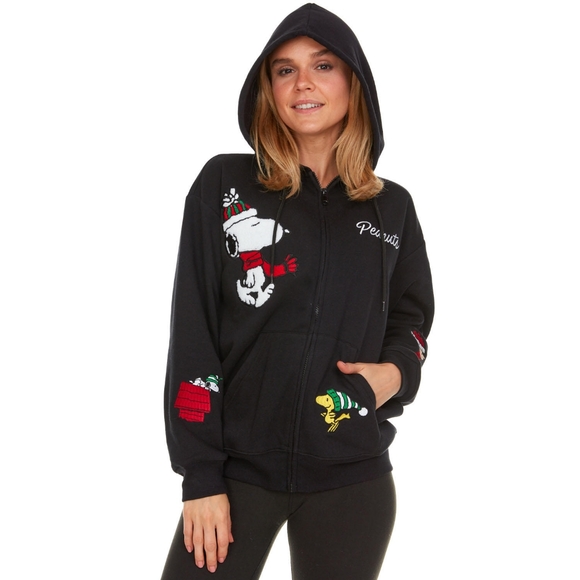 NWT Licensed Ladies Character PEANUTS SNOOPY Holiday Full Zip Up Hoodie Jacket L - Picture 2 of 11